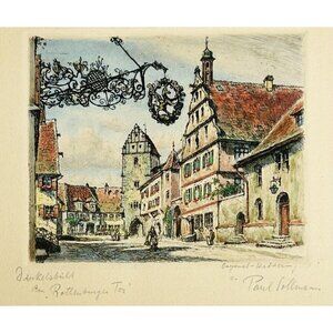 Hand Colored ETCHING Signed PAUL SOLLMANN Dinkelsbühl ROTHENBURG Germany 7/44